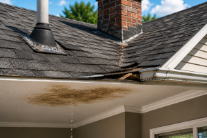 Realistic roof leak image showing damaged shingles, worn flashing near a chimney and vent pipe, and an interior ceiling water stain with dripping water.