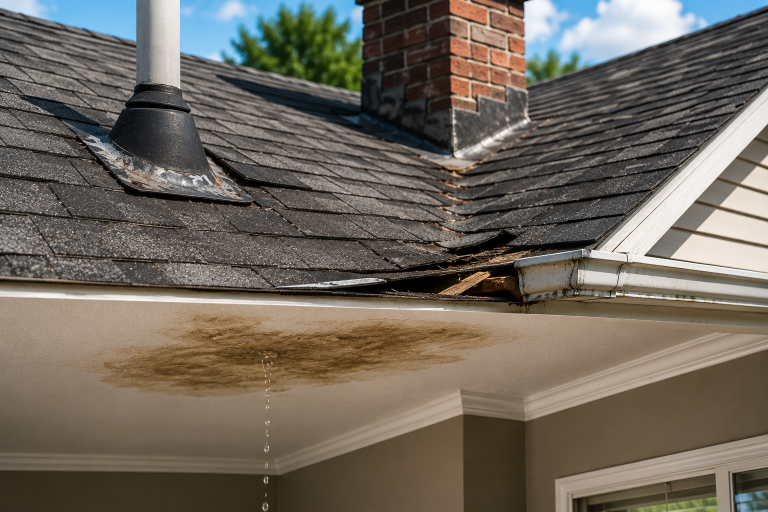 Realistic roof leak image showing damaged shingles, worn flashing near a chimney and vent pipe, and an interior ceiling water stain with dripping water.