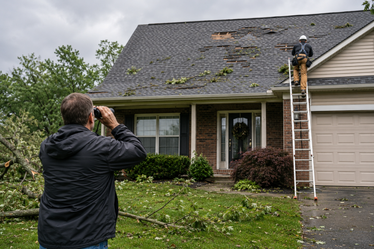 Professional contractor inspecting a storm-damaged residential roof while a homeowner checks the roof safely from the ground with binoculars.