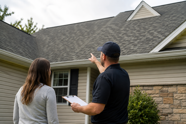 Roofing specialist pointing out roof conditions to a homeowner during a residential inspection in Western Pennsylvania.
