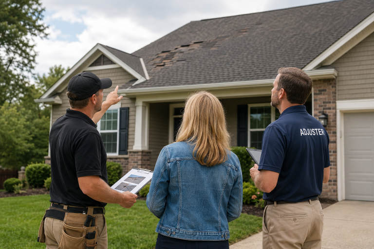 Roofing contractor, homeowner, and insurance adjuster reviewing visible storm damage on a residential roof in Western Pennsylvania.
