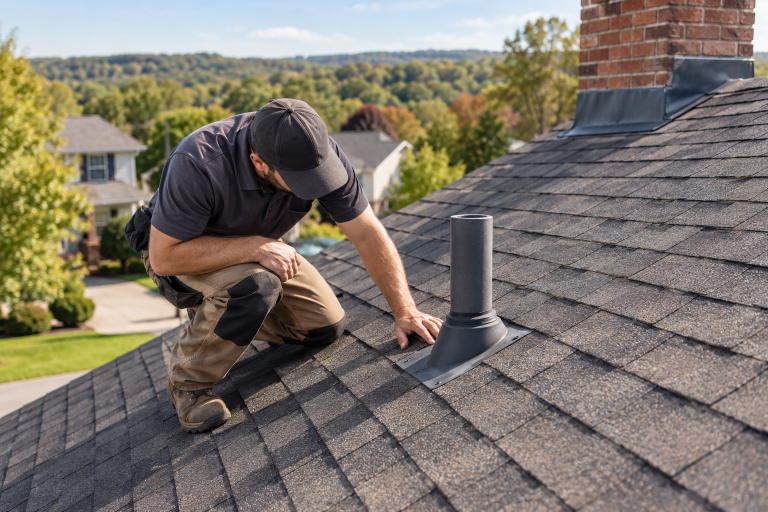 Roofing contractor inspecting pipe flashing and asphalt shingles during a roof tune-up on a Western Pennsylvania home.