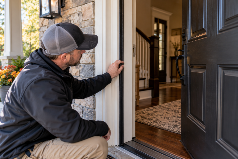 Contractor inspecting weatherstripping and door frame seals on a residential exterior door to check for drafts and air leaks.