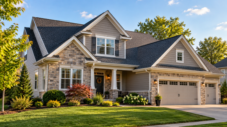 Beautiful two-story home in Western Pennsylvania featuring a dark asphalt shingle roof, stone and siding exterior, and landscaped front yard.