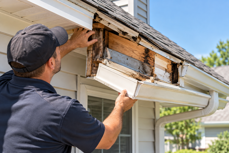 Contractor inspecting hidden wood damage behind a removed gutter on a residential home.