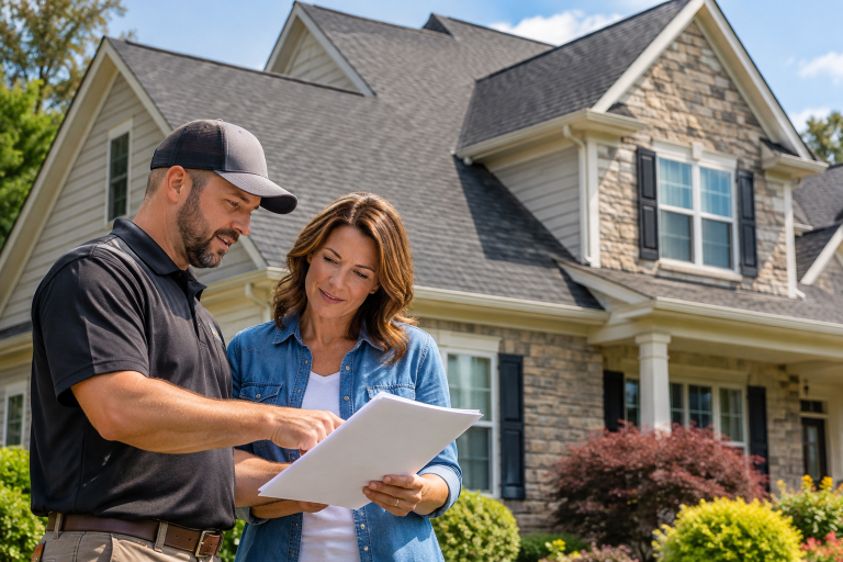 Roofing contractor reviewing a roof replacement estimate with a homeowner outside a two-story home in Western Pennsylvania.